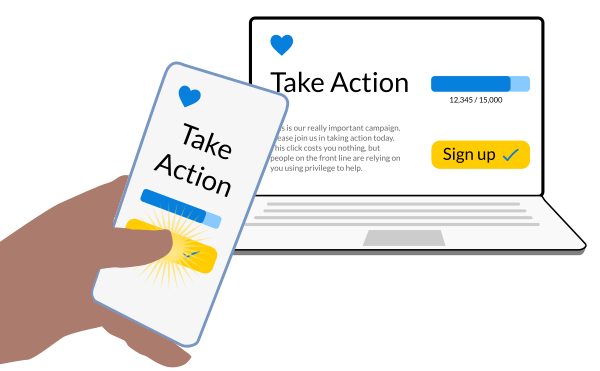 Illustration of a website on phone and laptop. You can see the words Take Action and there's a thumb clicking the button on the phone.